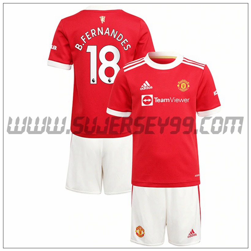 Primera Equipacion del Manchester United B.Fernandes 18 Ninos 2021 2022