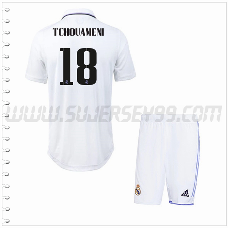 Equipacion del Real Madrid TCHOUAMENI #18 Ninos 2022 2023