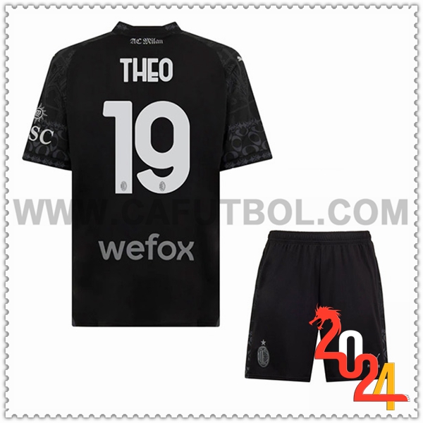 Equipacion del AC Milan THEO #19 Cuarto Ninos Negro 2023 2024