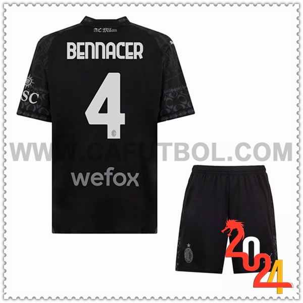 Equipacion del AC Milan BENNACER #4 Cuarto Ninos Negro 2023 2024