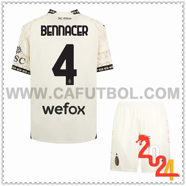 Equipacion del AC Milan BENNACER #4 Cuarto Ninos Blanco 2023 2024