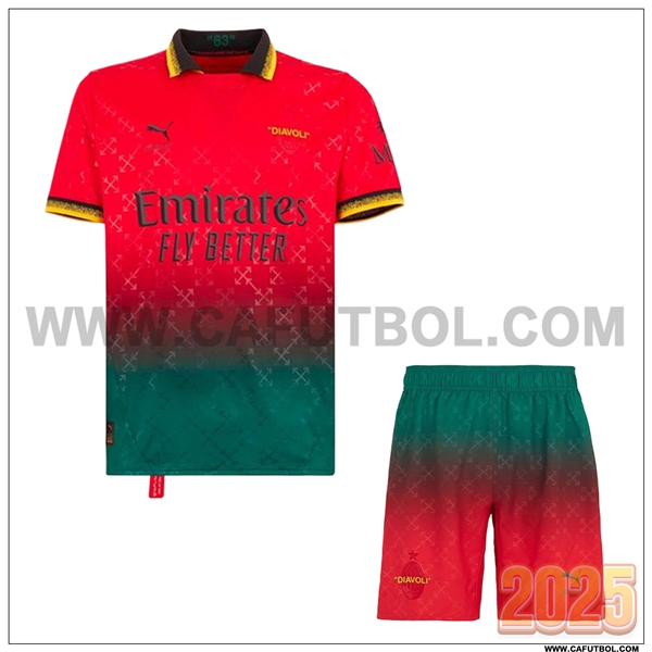Camiseta Futbol AC Milan Cuatro + Pantalones cortos Rojo 2024 2025