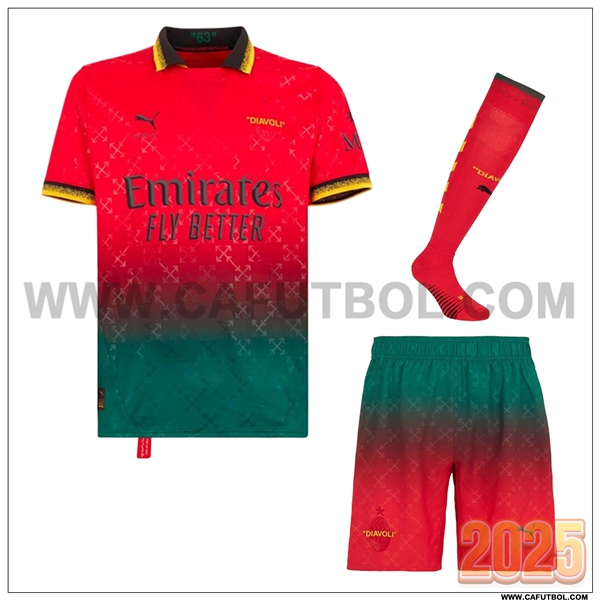 Camiseta Futbol AC Milan Cuatro (Pantalones cortos + Calcetines) Rojo 2024 2025