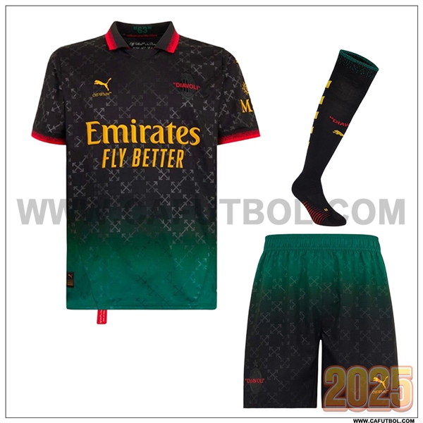 Camiseta Futbol AC Milan Cuatro (Pantalones cortos + Calcetines) Negro 2024 2025
