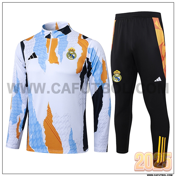 Chandal de Futbol Real Madrid Blanco/Negro/Naranja/Azul 2025 2026