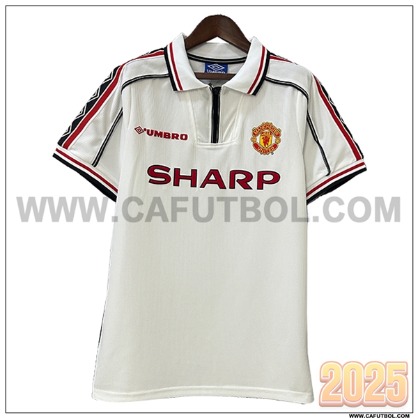 Camiseta de Manchester United Retro Blanco/Rojo Edicion Conmemorativa 1998/1999