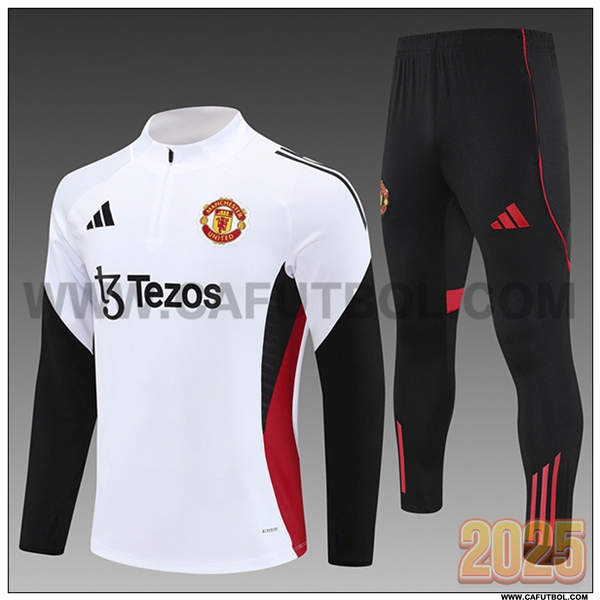 Chandal de Futbol Manchester Ninos United Blanco/Negro/Rojo 2025 2026