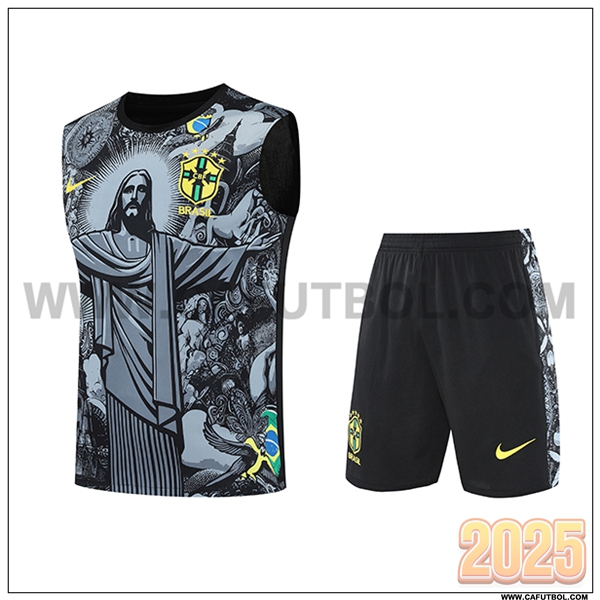 Camiseta Entrenamiento sin mangas Brasil Ninos Gris/Negro 2025 2026