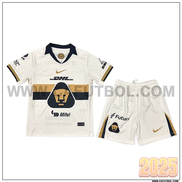 Nuevo Camiseta de Pumas UNAM Primera Ninos Blanco/Azul marino 2025 2026