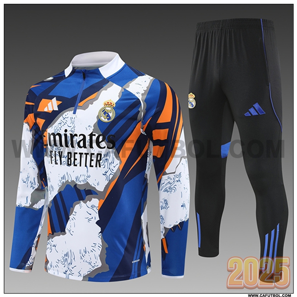 Chandal de Futbol Real Madrid Ninos Blanco/Azul/Naranja 2025 2026
