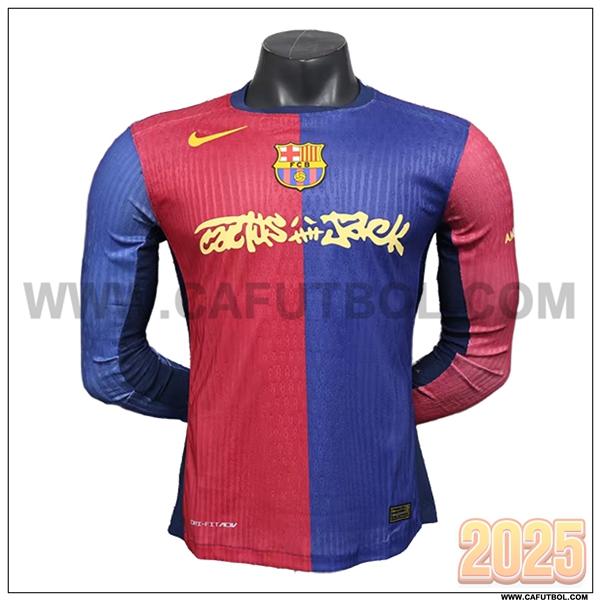 Primera Camiseta Futbol FC Barcelone Travis Scott Mangas largas Rojo/Azul 2024/2025