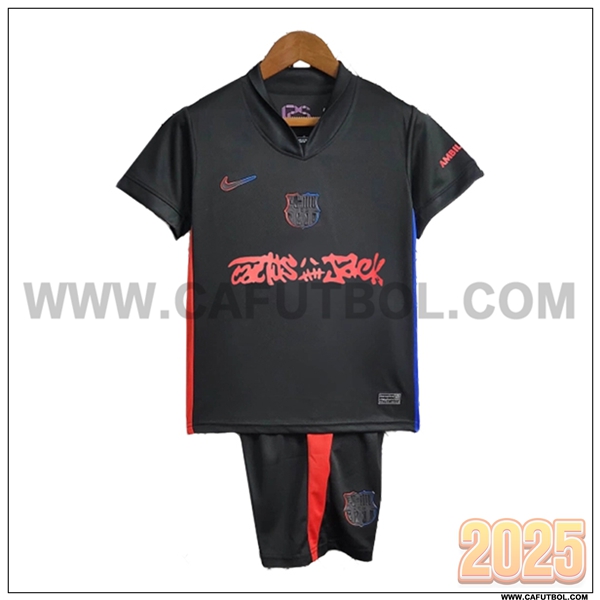 Segunda Camiseta Futbol FC Barcelone Ninos Negro/Rojo x Travis Scott 2024/2025