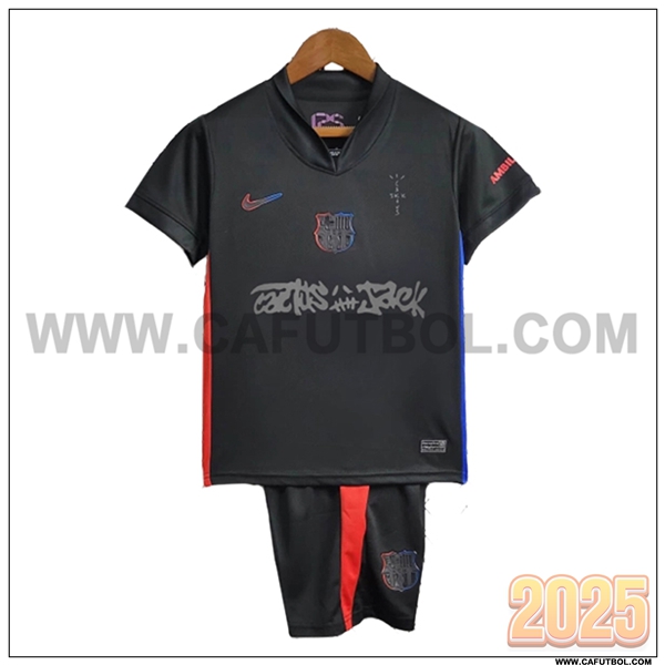 Segunda Camiseta Futbol FC Barcelone Ninos Negro/Rojo x Travis Scott 2024/2025