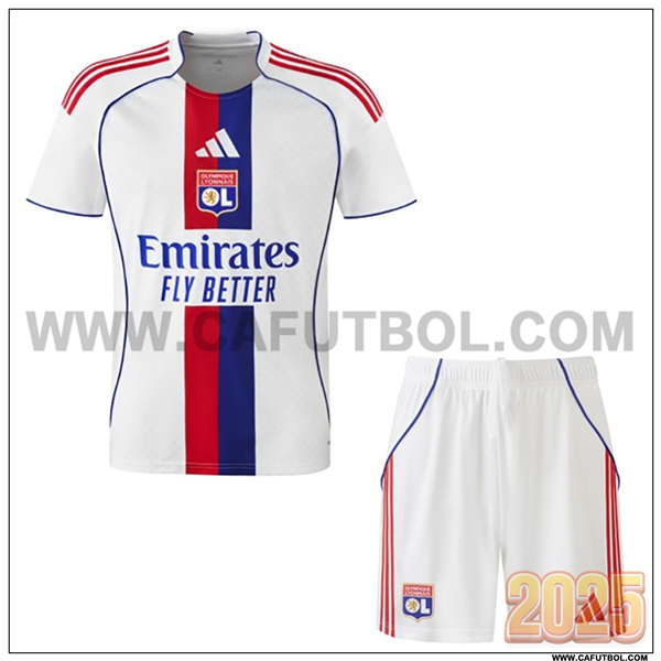 Primera Camiseta Futbol Lyon OL + Pantalones Blanco/Rojo/Azul 2025 2026