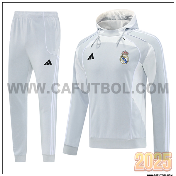 Chaqueta Con Capucha Chandal Rompevientos Real Madrid Gris/Blanco 2025 2026