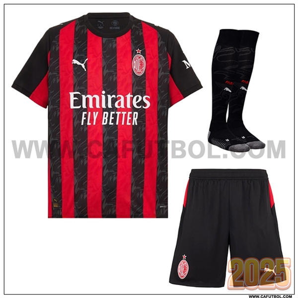 Primera Camiseta Futbol AC Milan (Pantalones + Calcetines) Rojo/Negro 2025 2026
