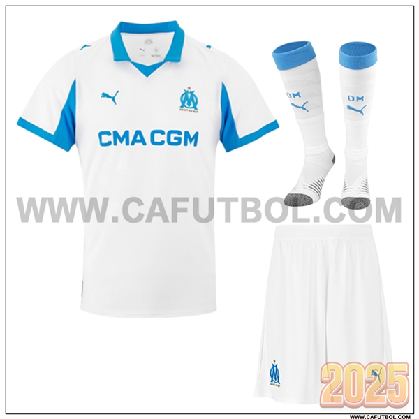 Primera Camiseta Futbol Marsella OM (Pantalones + Calcetines) Blanco/Azul 2025 2026