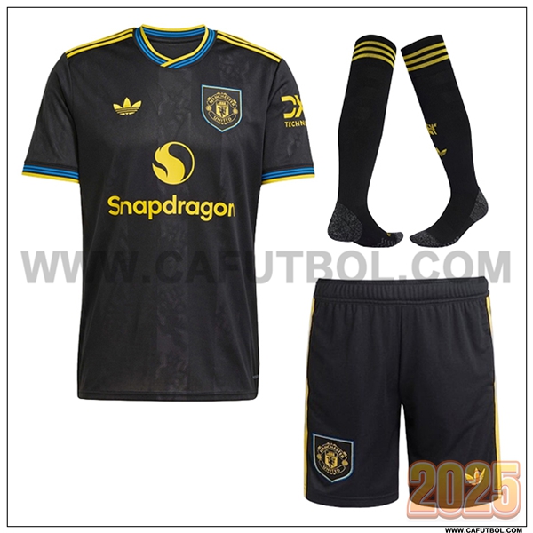 Tercero Camiseta Futbol Manchester United (Pantalones + Calcetines) Negro 2025 2026