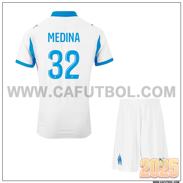 Primera Camiseta de Marsella OM MEDINA #32 Ninos 2025 2026 Blanco
