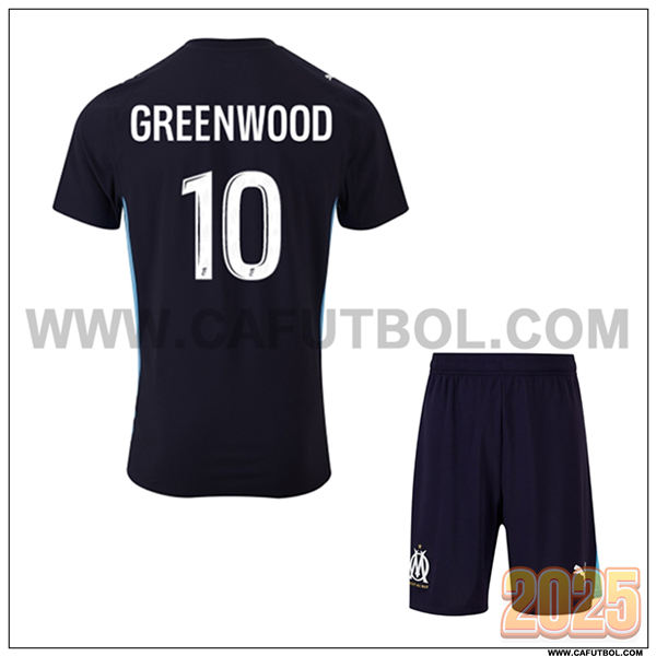 Segunda Camiseta de Marsella OM GREENWOOD #10 Ninos 2025 2026 Negro