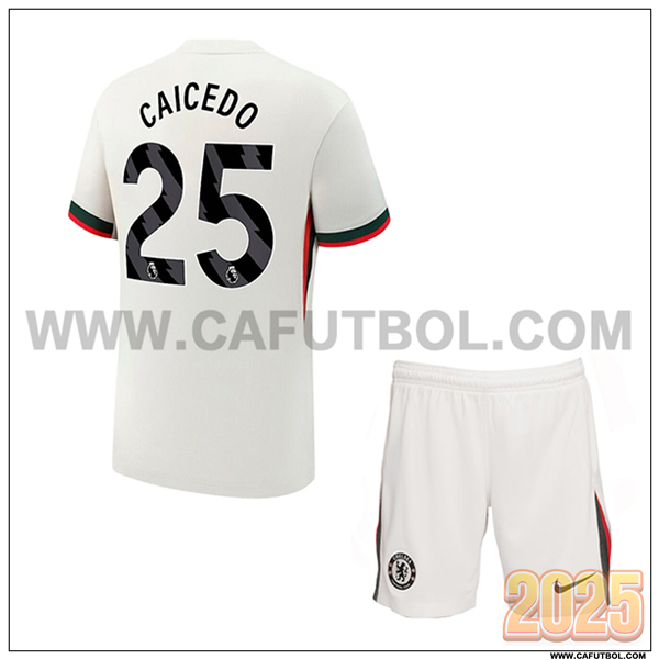 Segunda Camiseta de FC Chelsea CAICEDO #25 Ninos 2025 2026 Blanco