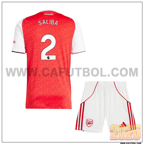 Primera Camiseta de Arsenal SALIBA #2 Ninos 2025 2026 Rojo/Blanco