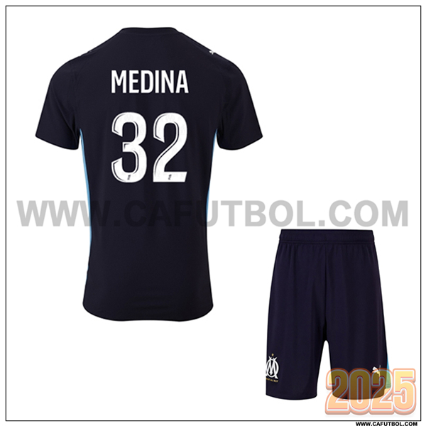 Segunda Camiseta de Marsella OM MEDINA #32 Ninos 2025 2026 Negro
