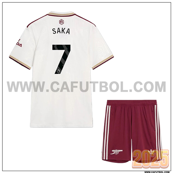 Tercero Camiseta de Arsenal SAKA #7 Ninos 2025 2026 Blanco