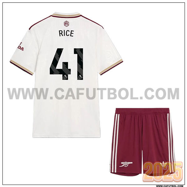 Tercero Camiseta de Arsenal RICE #41 Ninos 2025 2026 Blanco