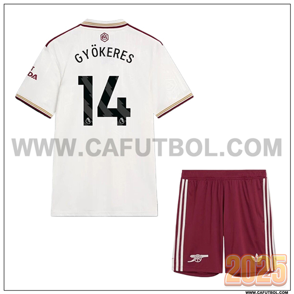 Tercero Camiseta de Arsenal GYÖKERES #14 Ninos 2025 2026 Blanco