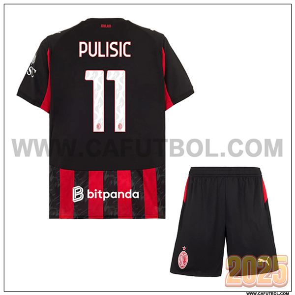 Primera Camiseta de AC Milan PULISIC #11 Ninos 2025 2026 Rojo/Negro