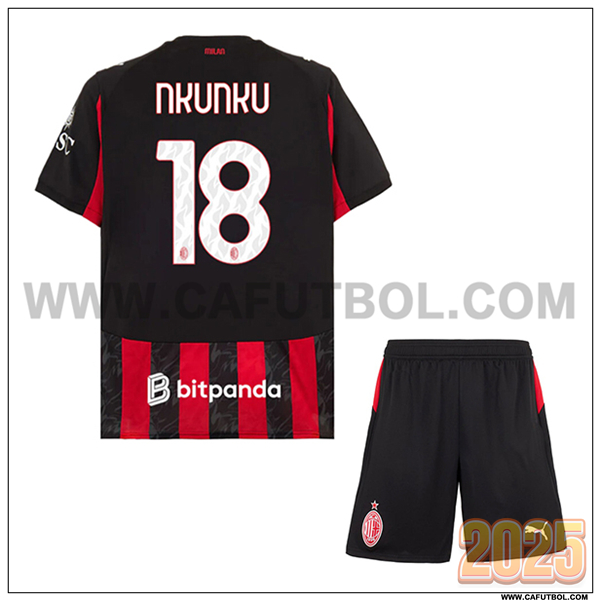 Primera Camiseta de AC Milan NKUNKU #18 Ninos 2025 2026 Rojo/Negro