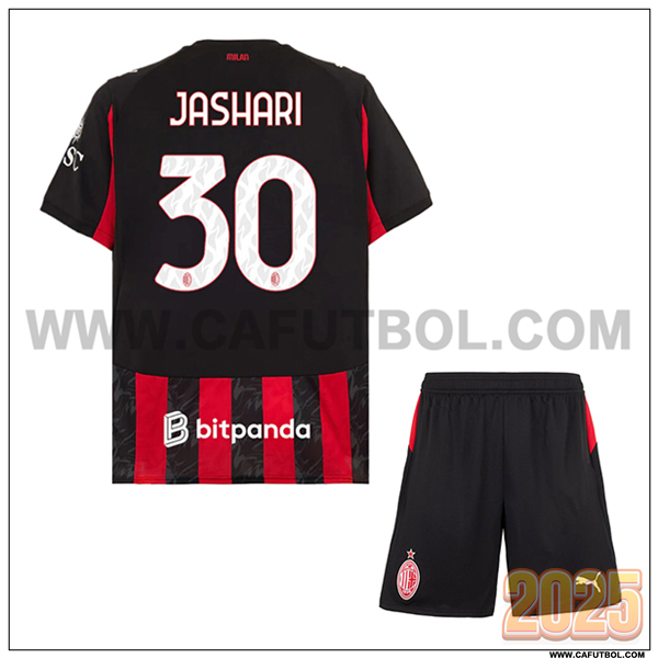 Primera Camiseta de AC Milan JASHARI #30 Ninos 2025 2026 Rojo/Negro