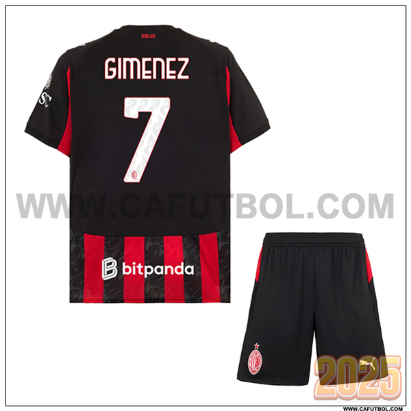Primera Camiseta de AC Milan GIMENEZ #7 Ninos 2025 2026 Rojo/Negro