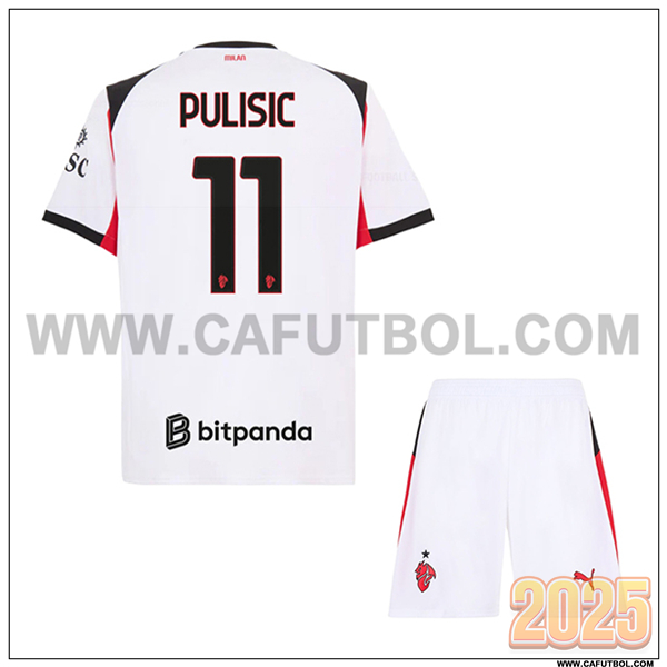 Segunda Camiseta de AC Milan PULISIC #11 Ninos 2025 2026 Blanco