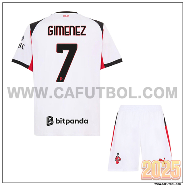 Segunda Camiseta de AC Milan GIMENEZ #7 Ninos 2025 2026 Blanco