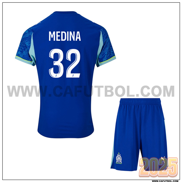 Tercero Camiseta de Marsella OM MEDINA #32 Ninos 2025 2026 Azul
