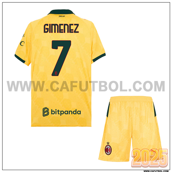 Tercero Camiseta de AC Milan GIMENEZ #7 Ninos 2025 2026 AMARILLO
