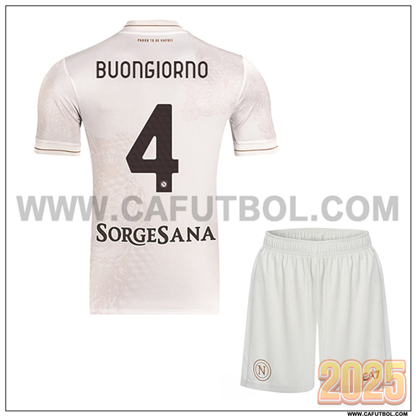 Segunda Camiseta de SSC Naples BUONGIORNO #4 Ninos 2025 2026 Blanco