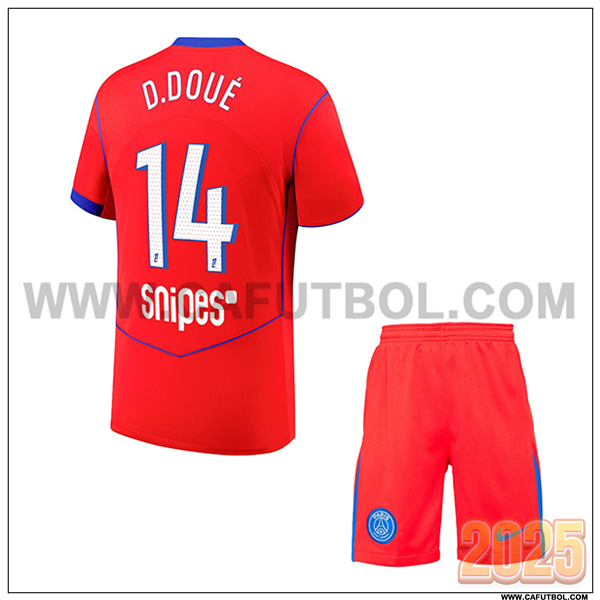 Tercero Camiseta de Paris PSG D.DOUÉ #14 Ninos 2025 2026 Rojo
