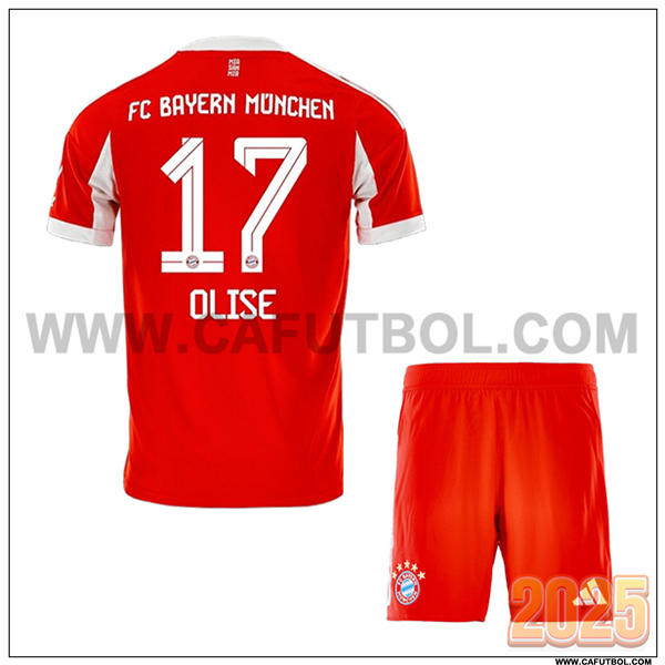 Primera Camiseta de Bayern Munich OLISE #17 Ninos 2025 2026 Rojo