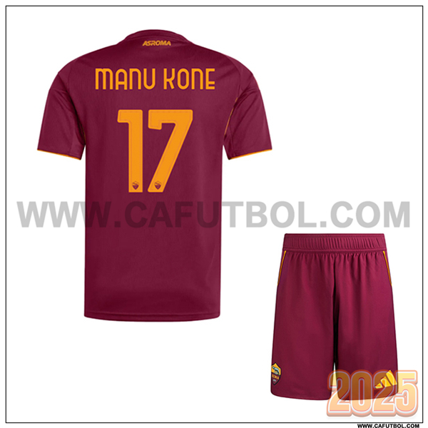 Primera Camiseta de AS Roma MANU KONÉ #17 Ninos 2025 2026 Rojo