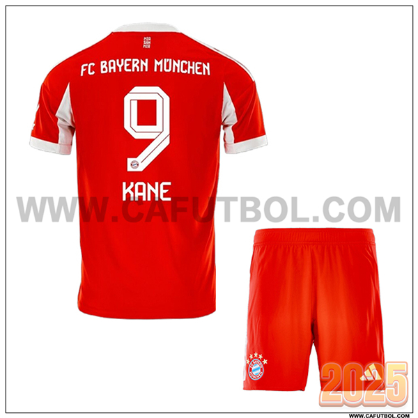 Primera Camiseta de Bayern Munich KANE #9 Ninos 2025 2026 Rojo