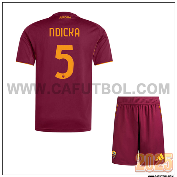 Primera Camiseta de AS Roma NDICKA #5 Ninos 2025 2026 Rojo