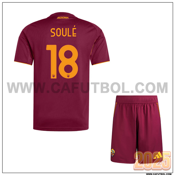 Primera Camiseta de AS Roma SOULÉ #18 Ninos 2025 2026 Rojo