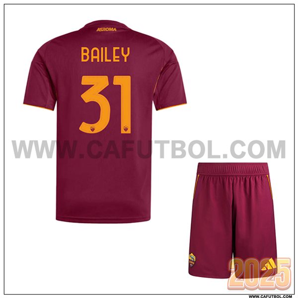 Primera Camiseta de AS Roma BAILEY #31 Ninos 2025 2026 Rojo