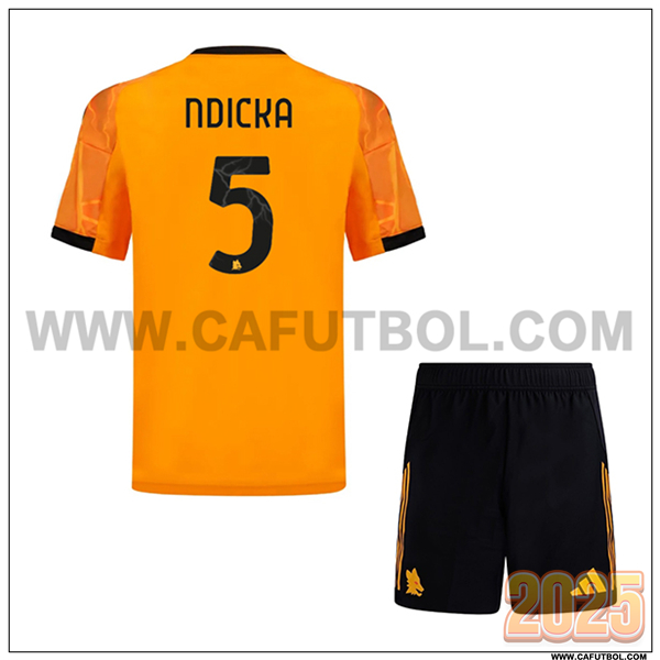 Segunda Camiseta de AS Roma NDICKA #5 Ninos 2025 2026 Orange
