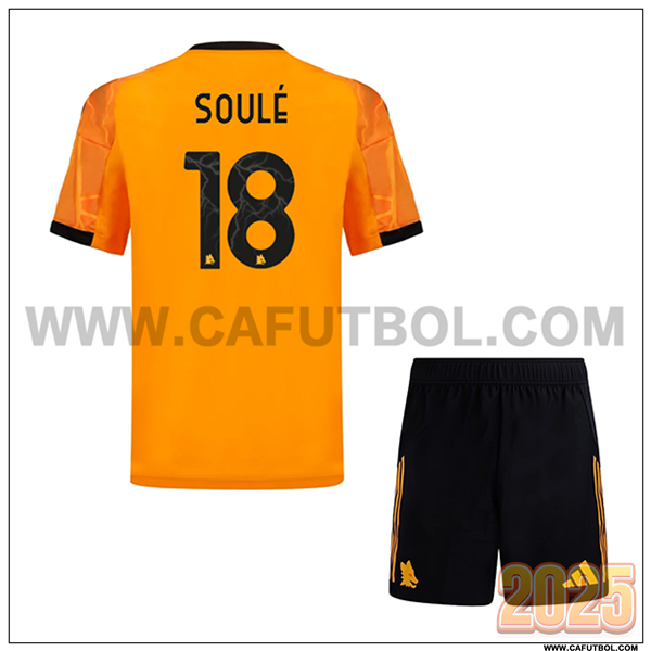Segunda Camiseta de AS Roma SOULÉ #18 Ninos 2025 2026 Orange