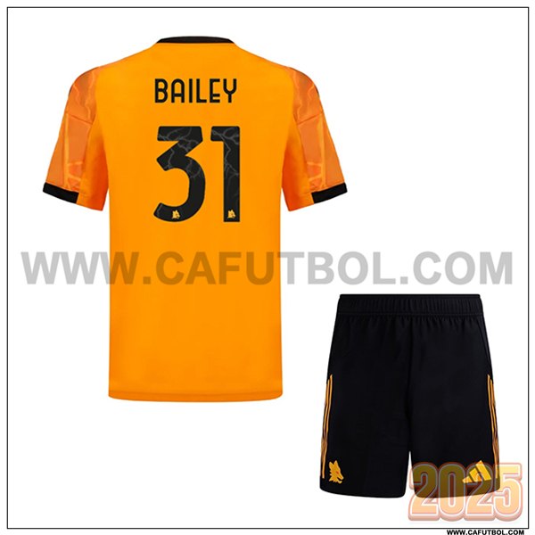 Segunda Camiseta de AS Roma BAILEY #31 Ninos 2025 2026 Orange