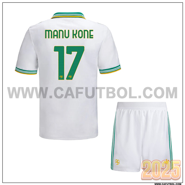 Tercero Camiseta de AS Roma MANU KONÉ #17 Ninos 2025 2026 Blanco/Verde